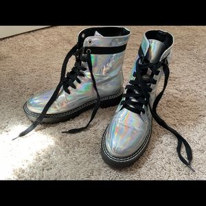 SHEIN holographic silver reflective combat boots lace up fits womens 7